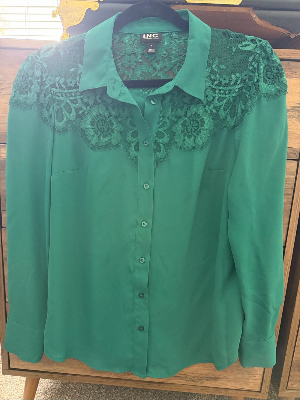 INC International Concepts Green Lace-Yoke Button Front Shirt